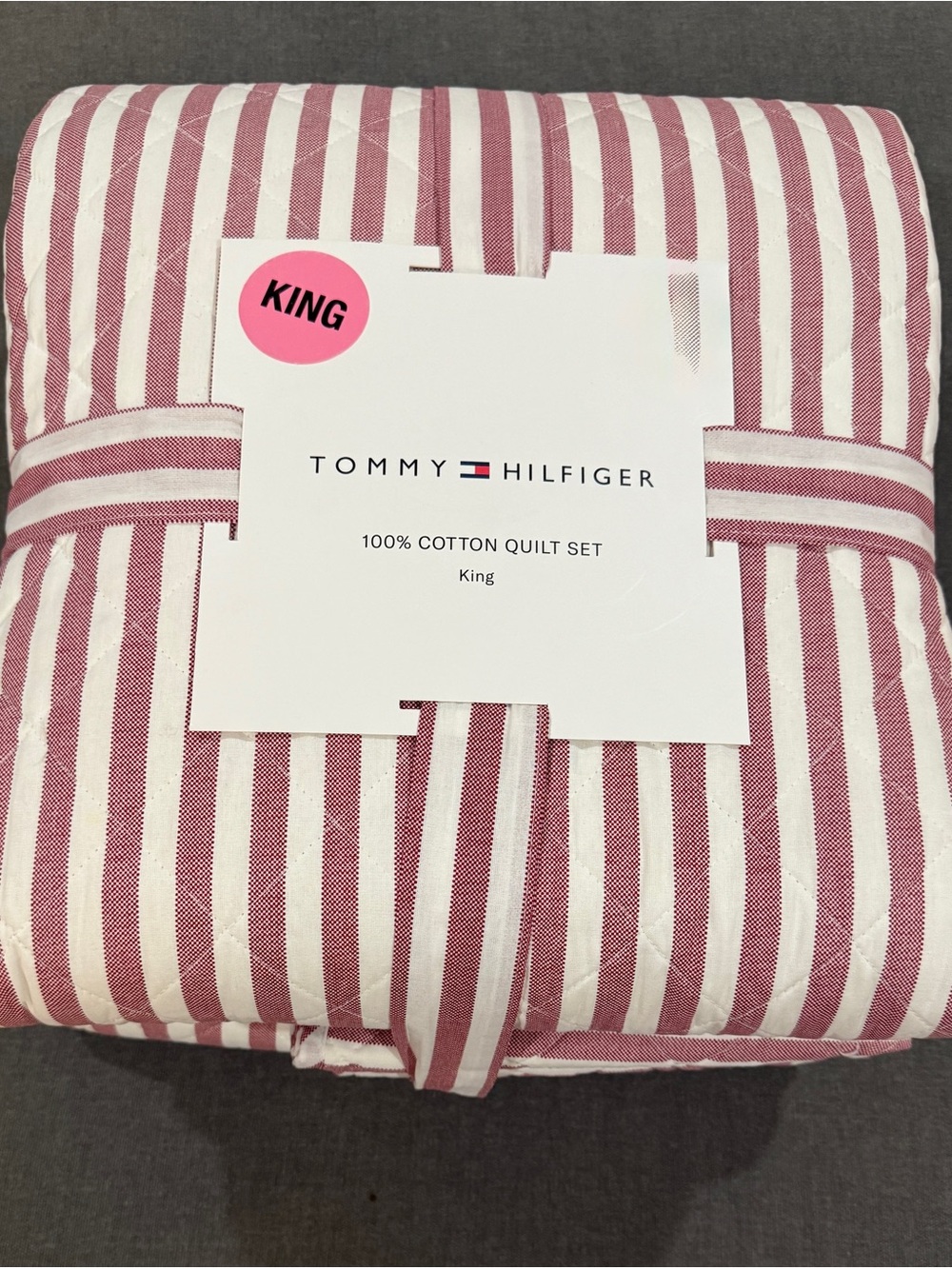 Tommy Hilfiger Striped King Cotton Quilt - White & Red